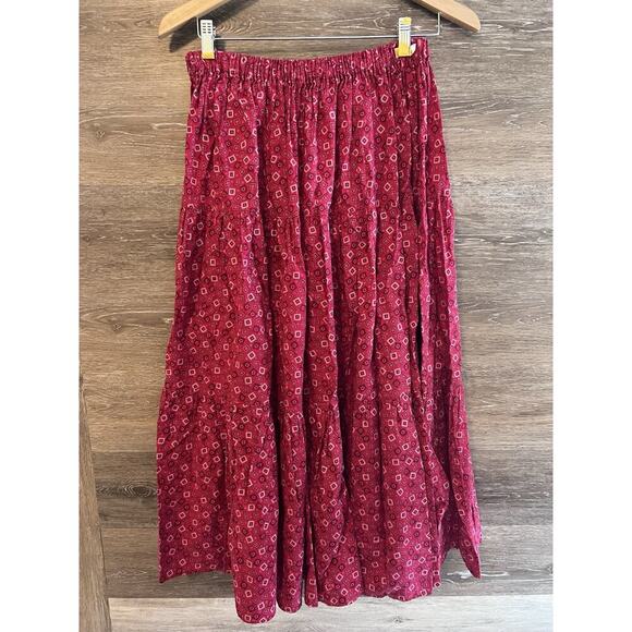 Red Bandana Skirt Size Medium Vintage Polyester Midi Elastic Waist Handmade - Picture 2 of 7